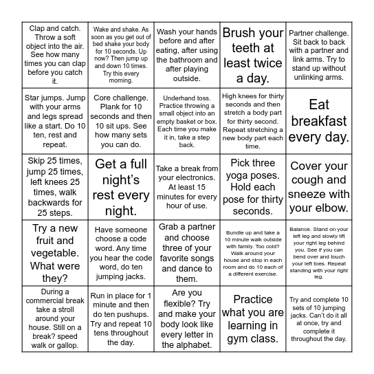 Run Wild! Health and Fitness Bingo Sheet _____ Bingo Card