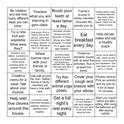 Run WIld! Health and Fitness  Bingo Sheet _____ Bingo Card
