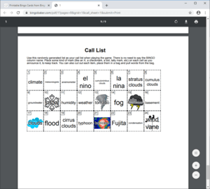 Example of 4 bingo card call list